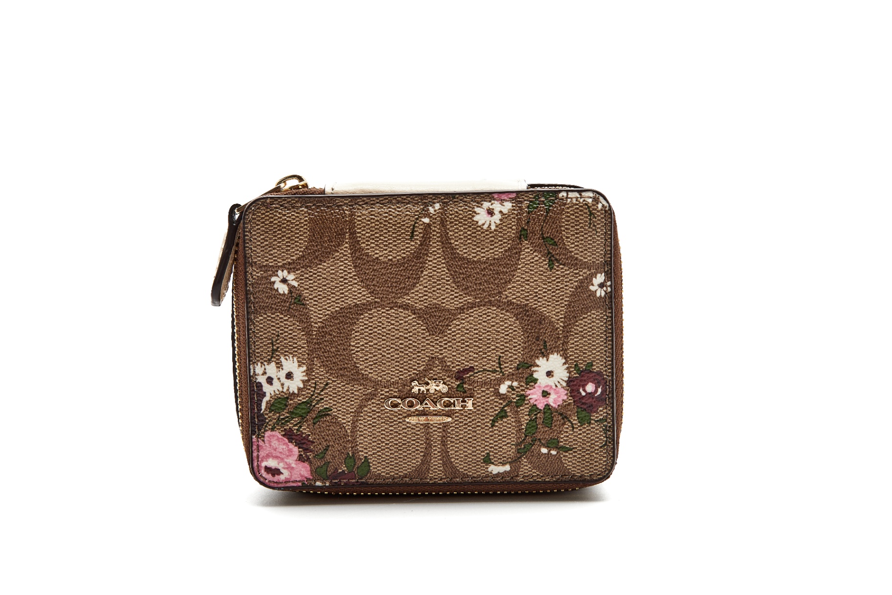 商品[国内直发] Coach|蔻驰 COACH  女士 礼盒款 卡其印花PVC配皮便携式首饰盒�配小耳钉  包10.5*5*8.5cm C7356 IME7V,价格¥613,第5张图片详细描述
