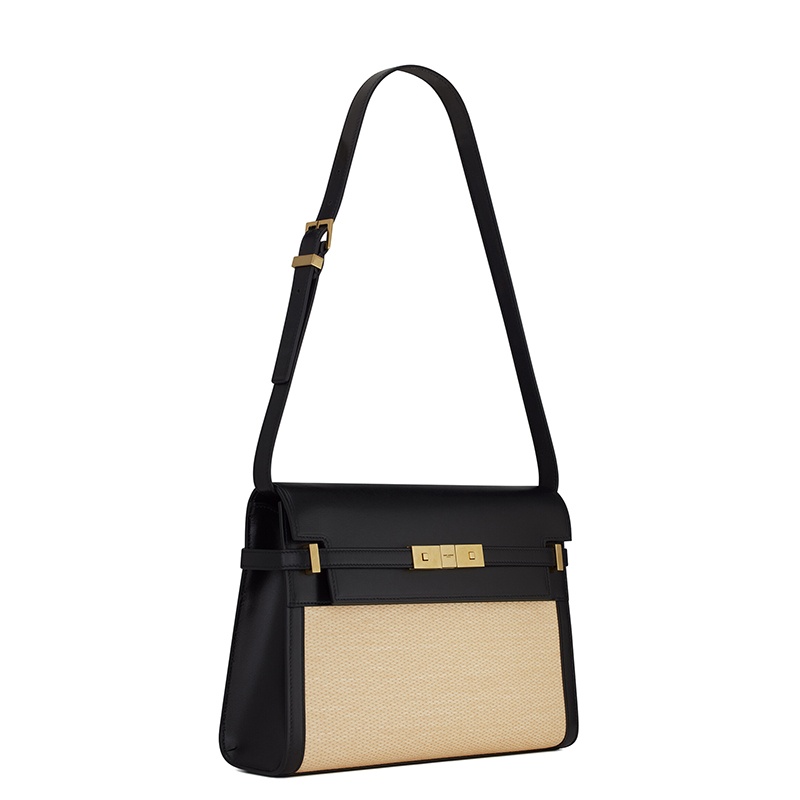 商品Yves Saint Laurent|SAINT LAURENT PARIS/圣罗兰 YSL MANHATTAN系列 女士米色酒椰纤维黑色皮革磁性夹扣开合单肩斜挎手提包,价格¥16993,第6张图片详细描述