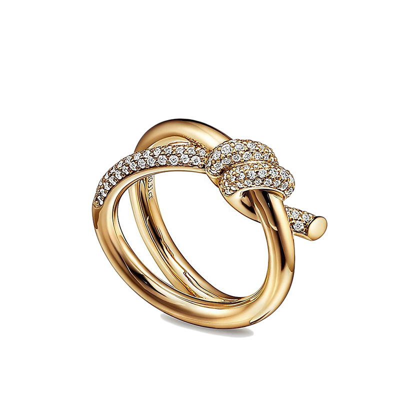 商品Tiffany & Co.|  Tiffany & Co./蒂芙尼 22春夏新款 Knot系列 18K金 黄金色 镶钻绳结双行戒指GRP12001,价格¥56791,第2张图片详细描述