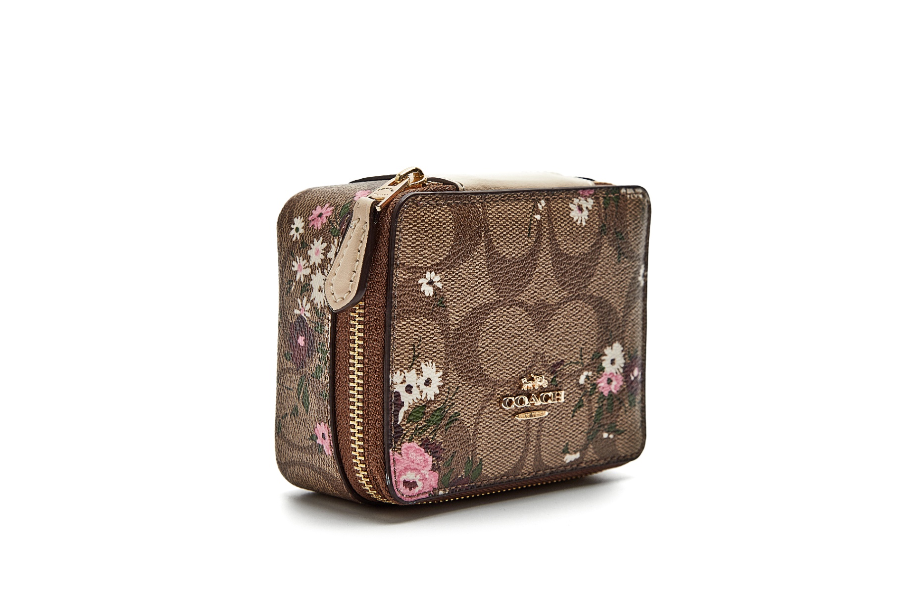 商品[国内直发] Coach|蔻驰 COACH  女士 礼盒款 卡其印花PVC配皮便携式首饰盒配小耳钉  包10.5*5*8.5cm C7356 IME7V,价格¥613,第4张图片详细描述