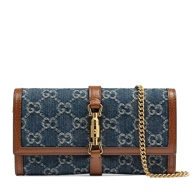 商品Gucci|GUCCI/古驰 经典款Jackie 1961系列 女士蓝色/米色双G提花牛仔布棕色小��牛皮金扣链条长款钱包6526812KQGG8375,价格¥7310,第5张图片详细描述