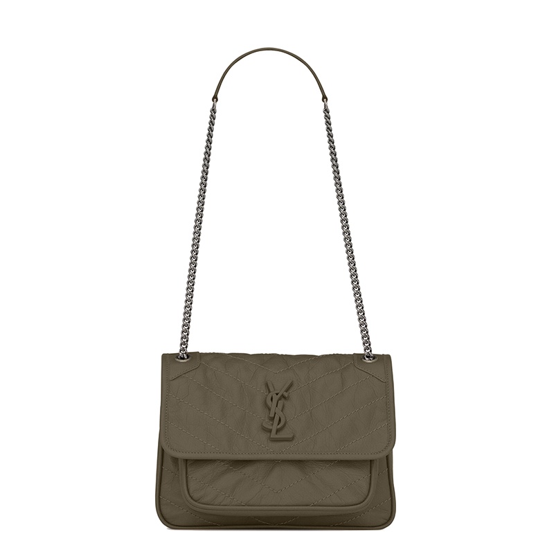 商品Yves Saint Laurent|SAINT LAURENT PARIS/圣罗兰 YSL 22春夏新款NIKI BABY系列 女士灰卡其色绗缝复古褶皱牛皮革单肩斜挎链条包,价格¥19062,第2张图片详细描述