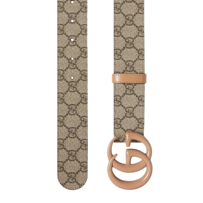 商品Gucci|GUCCI古驰23新款 男女4cm棕色帆布皮革双G棕色扣宽版腰带,价格¥1374,第3张图片详细描述