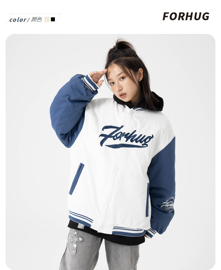 商品[国内直发] FORHUG|FORHUG 男女同款拼接字母宽松拼色运动棒球服棉服 白色 FHB21439174,价格¥242,第8张图片详细描述