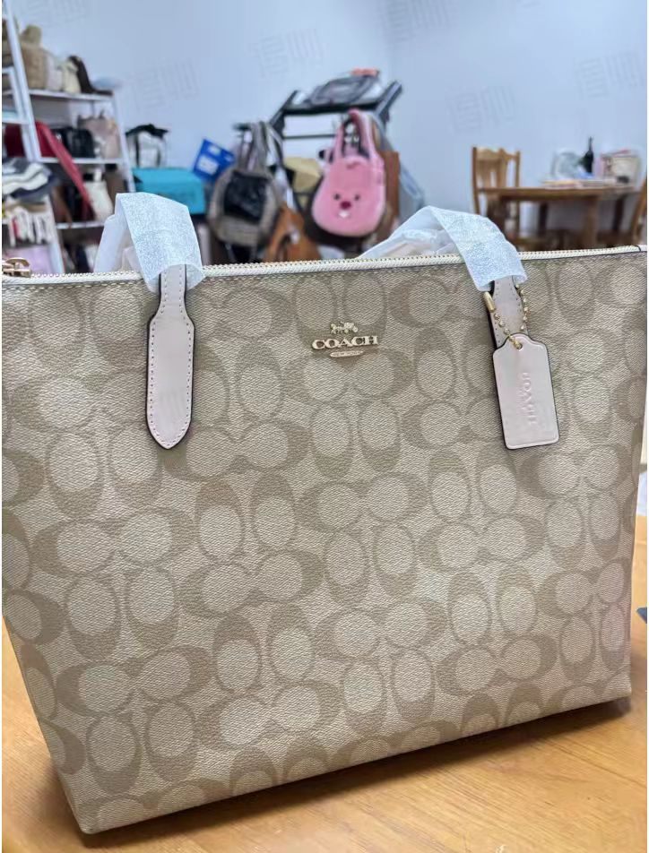 商品[国内直发] Coach|COACH蔻驰 Zip Top Tote 30 老花帆布配皮托特包Tote包购物袋单肩包 大号 女款 白色配棕色老花,价格¥1252,第6张图片详细描述