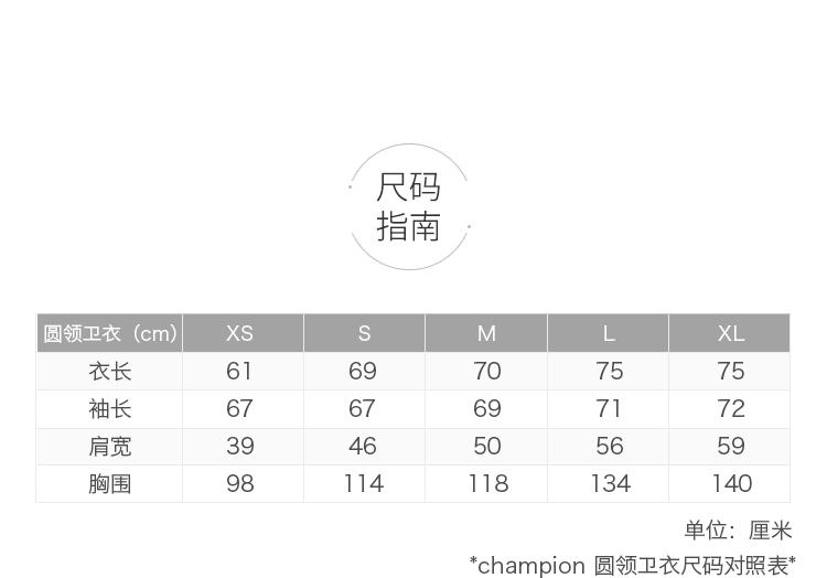 商品CHAMPION|冠军左胸小Clogo男女同款圆领加绒套头卫衣 GF70-Y06145,价格¥417,第8张图片详细描述