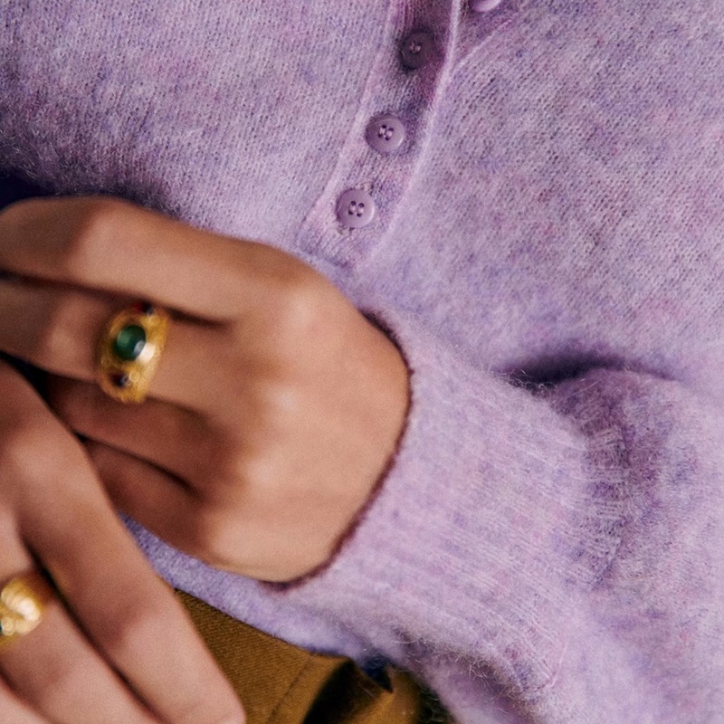 商品SEZANE| 22新款 女士紫丁香色马海毛羊毛混纺纽扣门襟圆领套头衫,价格¥1420,第3张图片详细描述