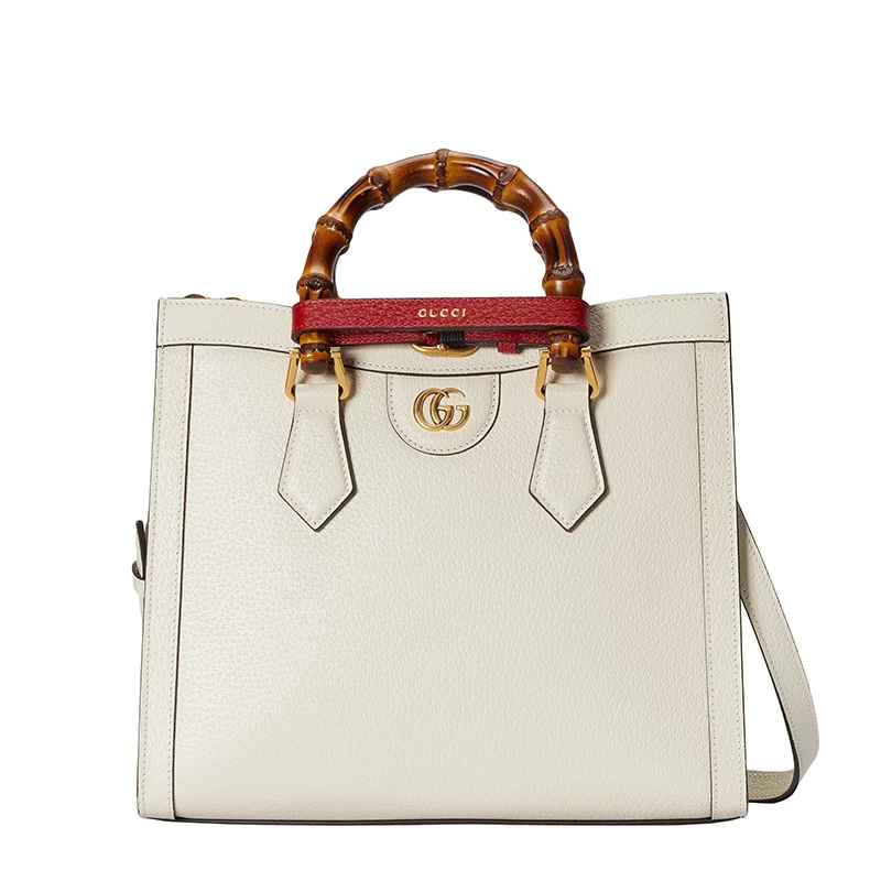 商品Gucci|GUCCI/古驰 22春夏新款Diana系列 女士小号白色皮革红色饰带金扣双竹节提手黄绿肩带单肩手提托特包702721U3ZDT9196,价格¥26021,第2张图片详细描述