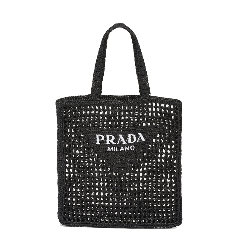 商品Prada|PRADA/普拉达 22新款 女士黑色酒椰纤维解构式单肩手提镂空托特包,价格¥12703,第2张图片详细描述