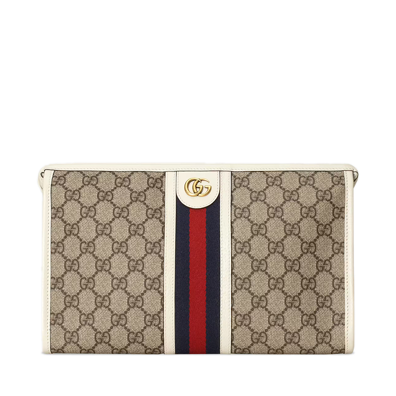 商品Gucci|GUCCI/古驰 22春夏新款Ophidia系列 男士米色/乌木色老花帆布白色皮革滚边红蓝织带装饰金扣手拿包59823496IWT9794,价格¥6412,第2张图片详细描述