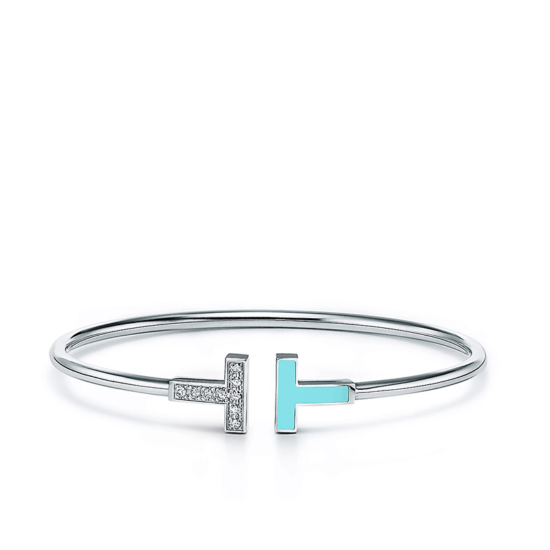 商品Tiffany & Co.|  Tiffany & Co.蒂芙尼  Tiffany T Wire系列18k金白金绿松石明亮式切割钻石手镯GRP11110,价格¥37945,第2张图片详细描述