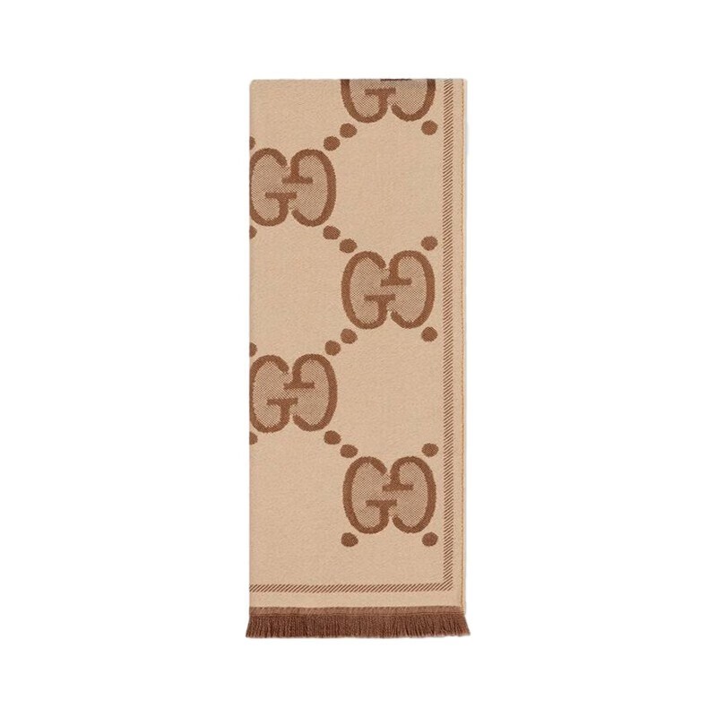 商品Gucci|古驰 经典款 女士棕色GG提花羊毛围巾5815373G2009764,价格¥3218,第4张图片详细描述