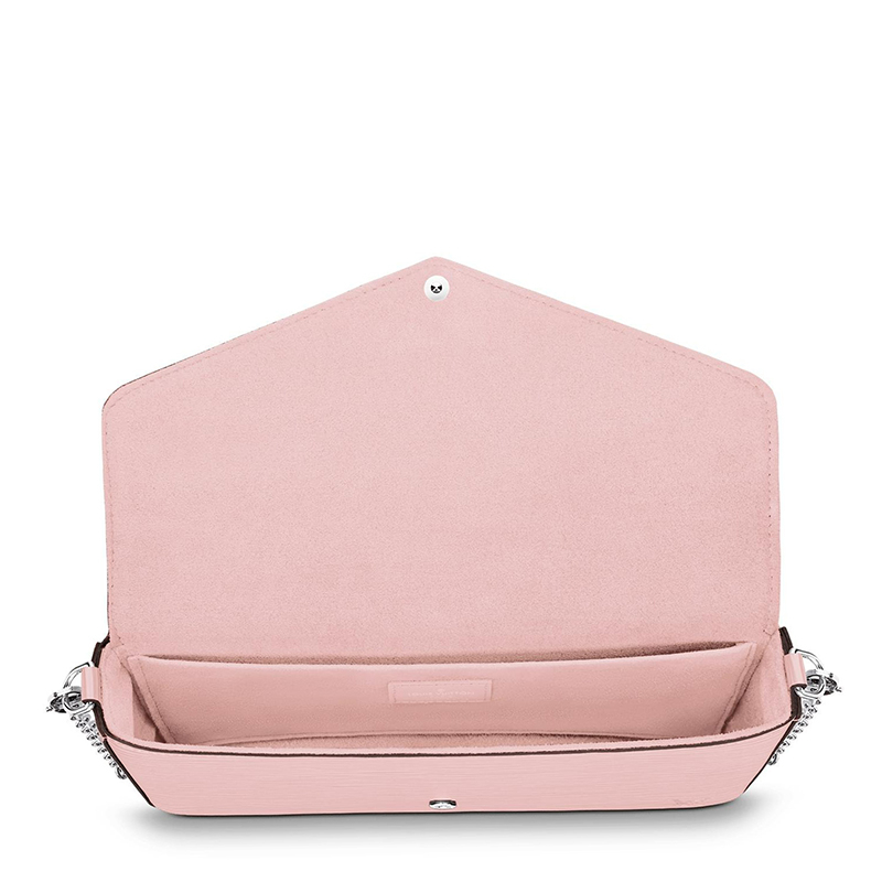 商品Louis Vuitton|预售十天 Louis Vuitton/路易威登 22春夏新款FÉLICIE系列 女士芭蕾粉水波纹牛皮革徽标印花银扣银链配可拆卸贴袋翻盖开合单肩斜挎手拿链条信封包M62467,价格¥11611,第4张图片详细描述