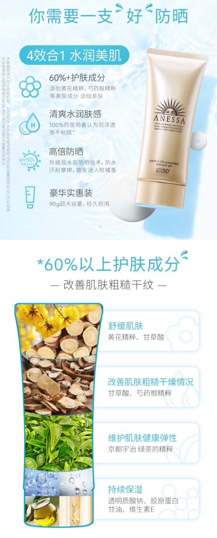 商品ANESSA|安热沙 金灿倍护防晒啫喱面部防晒 90g 防水汗SPF50+ 高倍耐晒 加倍轻薄,价格¥175,第3张图片详细描述