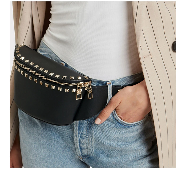 商品[国内直发] Valentino|VALENTINO 女士黑色铆钉拉链腰包 RW2B0D15-BOL-0NO,价格¥5773,第7张图片详细描述
