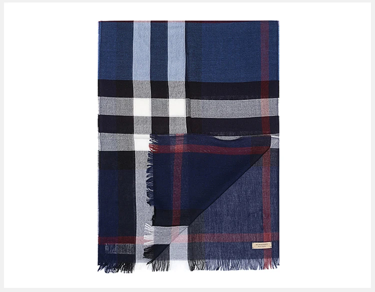 商品Burberry|Burberry 博柏利 男士经典蓝色拼色格纹大号羊绒羊毛混纺围巾 4000326,价格¥2205,第13张图片详细描述