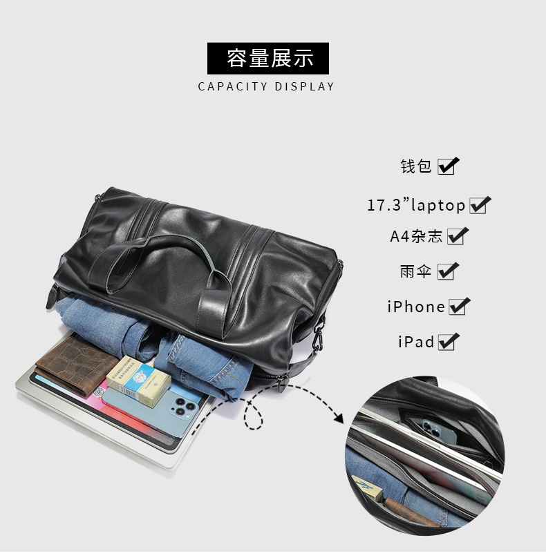 商品[国内直发] GLENVINTEN|格岚云顿时尚休闲真皮手提旅行包运动健身包大容量单肩包行李包包,价格¥657,第5张图片详细描述