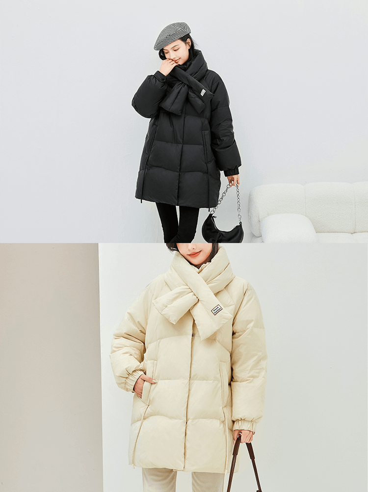 商品[国内直发] HS LOVE'S|Hslove's长款羽绒服女冬季2022年新款羽绒服中长款送围脖修身加厚-黑色,价格¥528,第3张图片详细描述