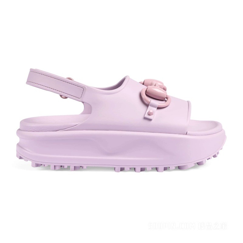 商品Gucci|GUCCI/古驰 女士粉色橡胶Horsebit马衔扣厚底平底凉鞋,价格¥1480,第2张图片详细描述