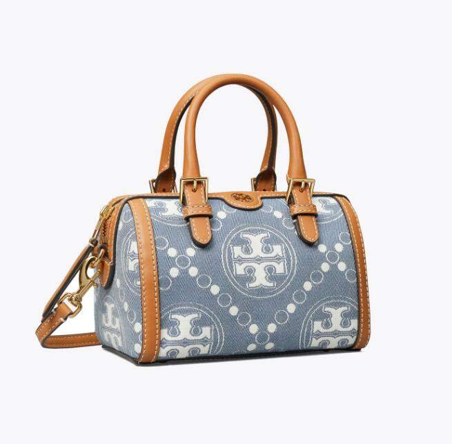 商品Tory Burch|TB汤丽柏琦T MONOGRAM 迷你提花酒桶包拉链开合手提单肩斜挎桶包（香港仓发货）,价格¥2605,第5张图片详细描述