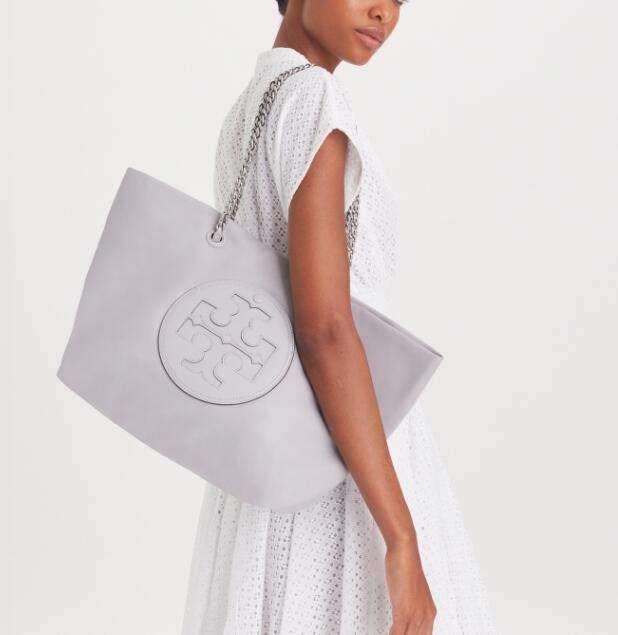 商品Tory Burch|汤丽柏琦Ella Logo徽标织物拼人造革托特包Tote包购物袋单肩手提包中号女款灰色黑色（香港仓发货）,价格¥2067,第7张图片详细描述