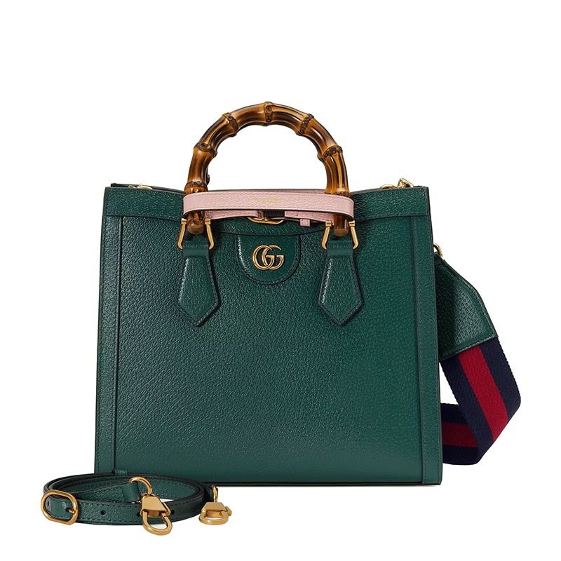 商品Gucci|GUCCI/古驰 Diana系列 女士小号绿色皮革粉色饰带金扣双竹节提手红蓝肩带单肩手提托特包702721U3ZDT3670,价格¥28166,第4张图片详细描述