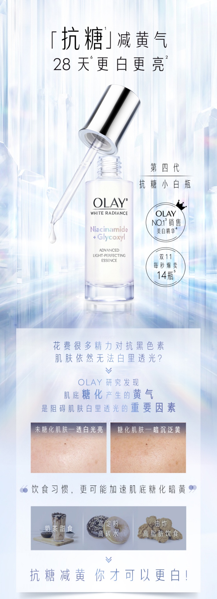 商品Olay|玉兰油 抗糖小白瓶水感透白光塑精华露 30ml 烟酰胺光感美白提亮补水保湿,价格¥177,第1张图片详细描述