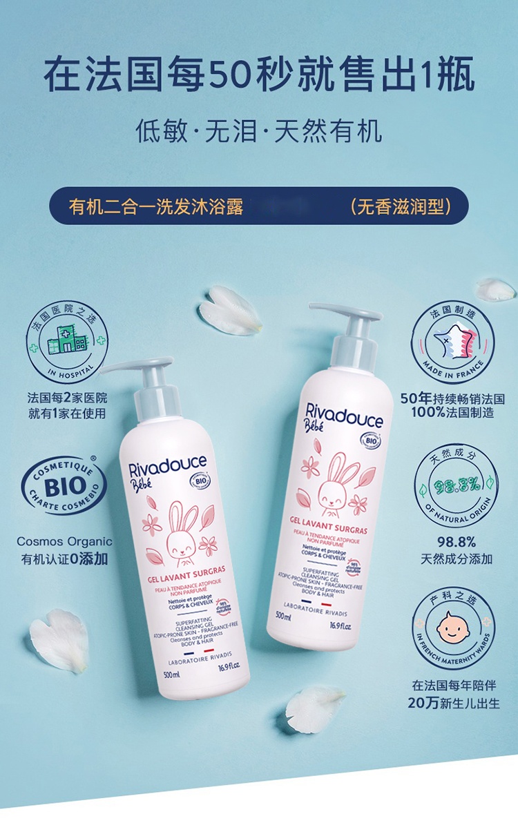 商品Rivadouce|Rivadouce法朵适婴儿有机二合一无香洗发沐浴露500ml,价格¥176,第5张图片详细描述