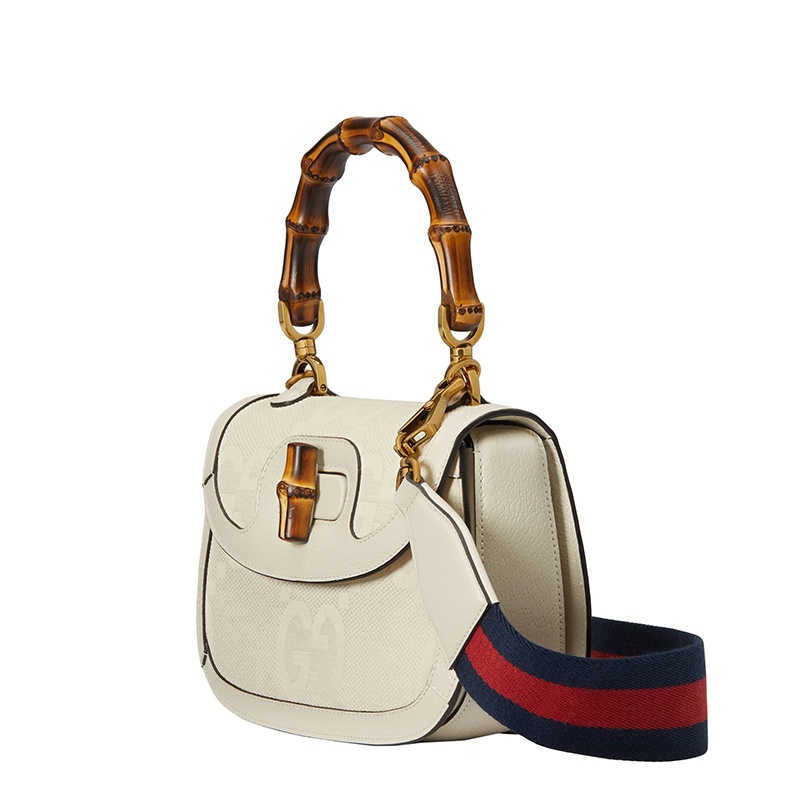 商品Gucci|GUCCI/古驰 Bamboo 1947系列 女士白色超级老花帆布配皮革竹节手柄红蓝织带手提单肩包675797UKMDT9198,价格¥27719,第3张图片详细描述