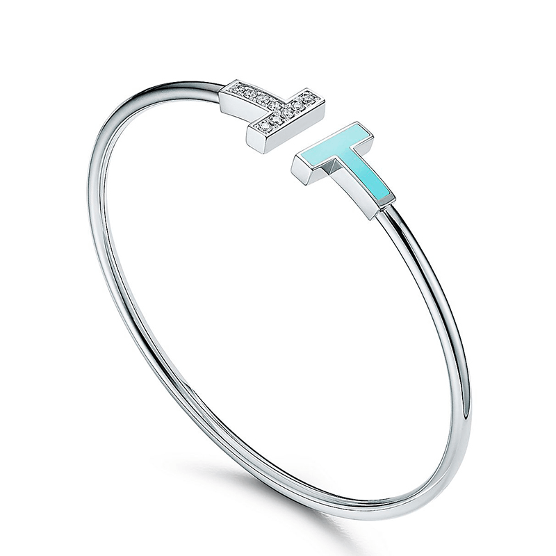 商品Tiffany & Co.|  Tiffany & Co.蒂芙尼  Tiffany T Wire系列18k金白金绿松石明亮式切割钻石手镯GRP11110,价格¥38683,第3张图片详细描述