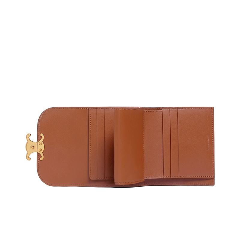 商品Celine|CELINE/赛琳   TRIOMPHE系列 女士小号黄褐色光滑小羊皮金色凯旋扣短款钱包,价格¥4473,第4张图片详细描述