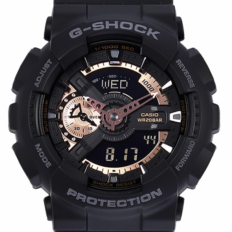 商品Casio|卡西欧（CASIO）G-SHOCK手表男女大盘时尚双显多功能防水防震运动电子潮流节日礼物男表 黑玫瑰金GA-110RG-1A-黑香槟色配色-GA-110RG-1A,价格¥1131,第3张图片详细描述