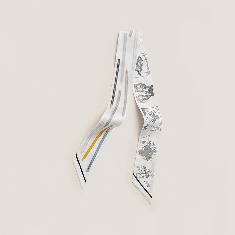 商品Hermes|Hermes爱马仕 Twilly女士白色/灰色真丝丝巾,价格¥1777,第2张图片详细描述