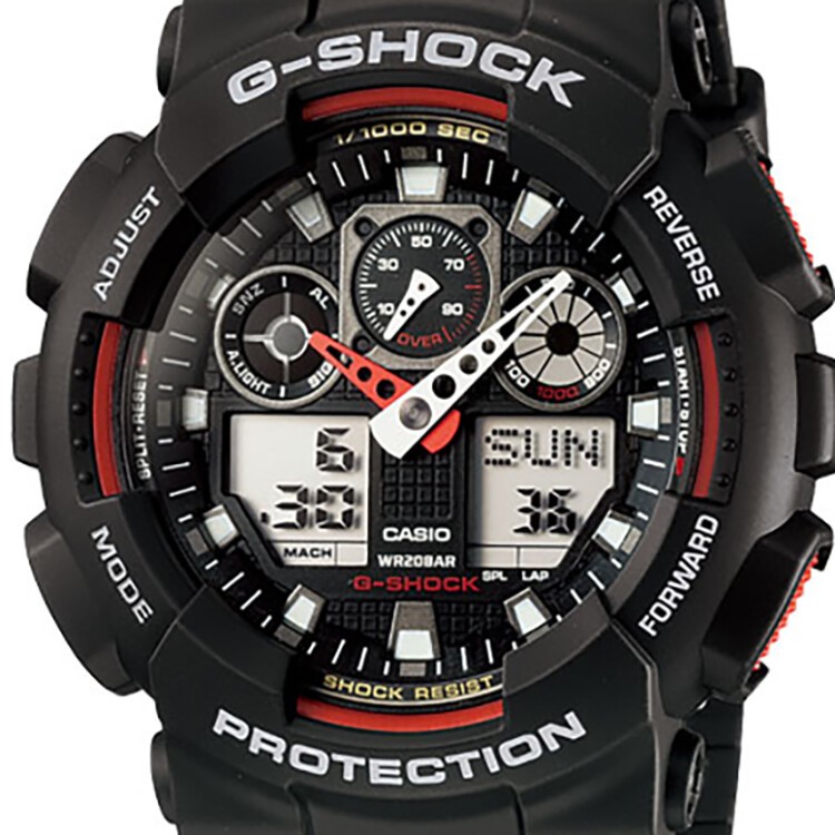 商品[国内直发] Casio|卡西欧（CASIO）男表G-SHOCK运动手表黑武士防水防震黑金腕表学生电子表大表盘双显情侣石英表 潮酷红黑 GA-100-1A4-黑红拼色-GA-100-1A4,价格¥857,第4张图片��详细描述