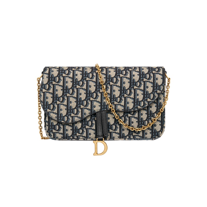 商品Dior|迪奥 23新款 SADDLE女士蓝色提花帆布金属D形吊饰不对称翻盖链条手拿包 S5907CTZQ_M928,价格¥14072,第3张图片详细描述