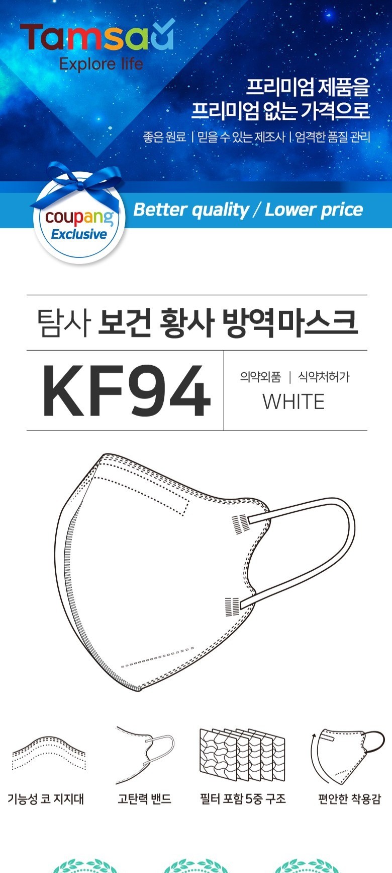 商品Tamsaa|【包邮包税】Exploration KF94防疫口罩 白色 韩国热销 对折型 大号 成人款 高效过滤 透气 10片/袋 50/100/200片装,价格¥142详情, 第3张图片描述