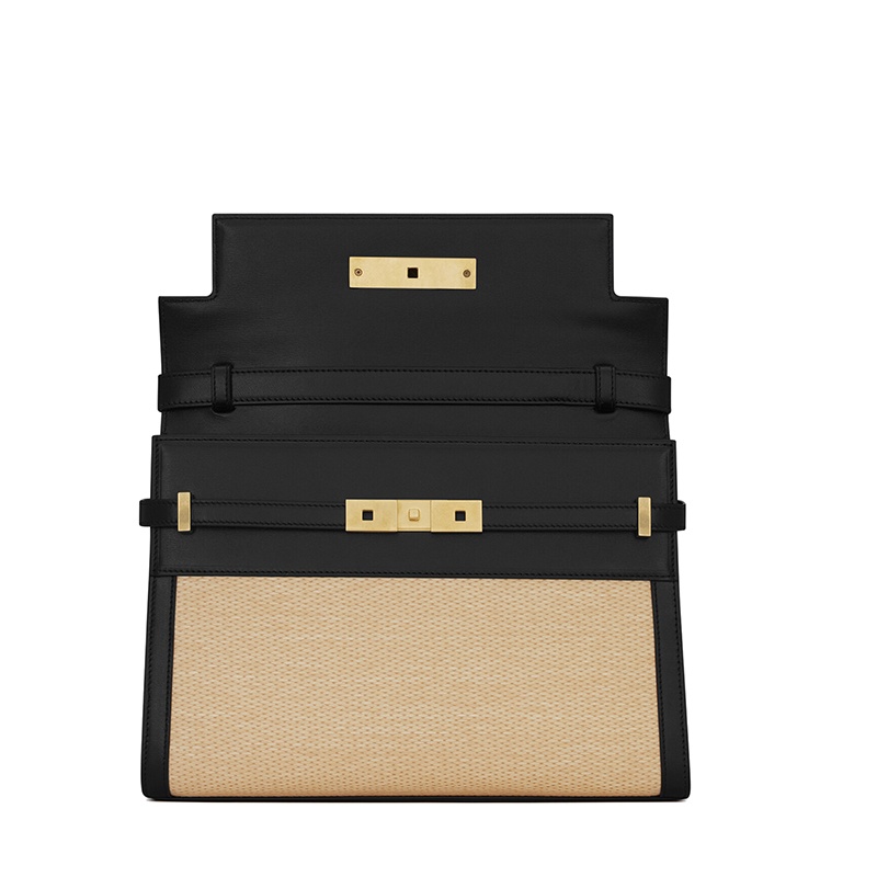 商品Yves Saint Laurent|SAINT LAURENT PARIS/圣罗兰 YSL MANHATTAN系列 女士米色酒椰纤维黑色皮革磁性夹扣开合单肩斜挎手提包,价格¥16993,第5张图片��详细描述