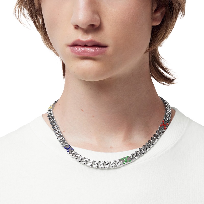 商品Louis Vuitton|【预售十天】 路易威登 23新款MOSAIC男士银色缤纷珐琅镂刻金属项链,价格¥7043,第3张图片详细描述