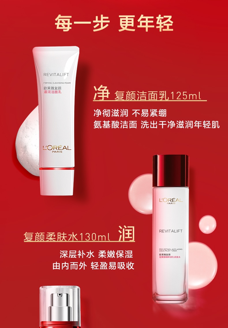 商品L'Oreal Paris|欧莱雅 复颜视黄醇精粹水乳套装 110+130ml 妈妈护肤品抗老抗皱补水保湿,价格¥206,第4张图片详细描述