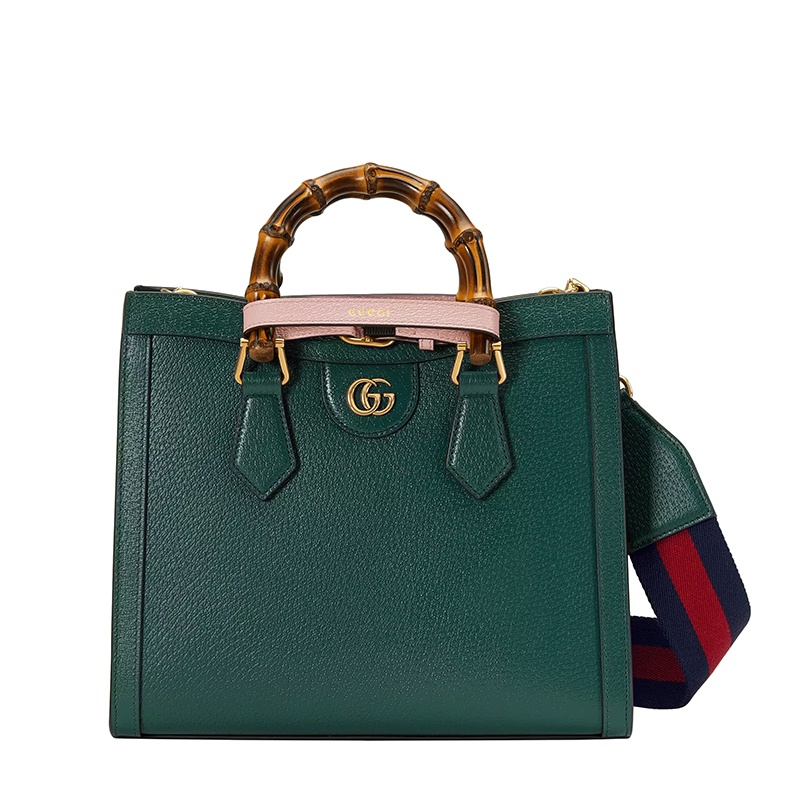 商品Gucci|GUCCI/古驰 Diana系列 女士小号绿色皮革粉色饰带金扣双竹节提手红蓝肩带单肩手提托特包702721U3ZDT3670,价格¥28166,第2张图片详细描述