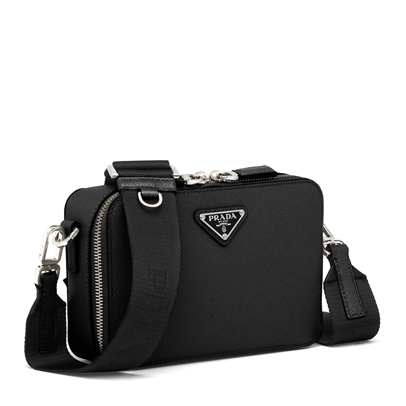 商品Prada|PRADA/普拉达 22春夏新款Brique系列 男士黑色Saffiano皮革银扣三角徽标配织物肩带单肩斜跨包2VH070_9Z2_F0002_V_EMI,价格¥16767,第3张图片详细描述