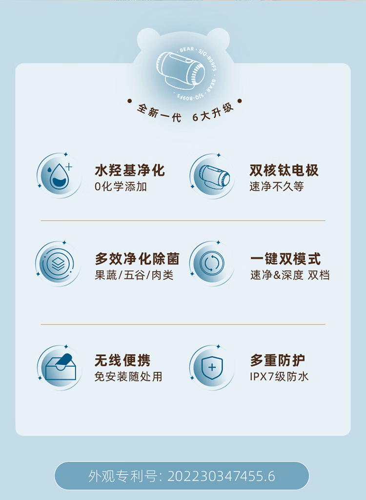 商品[国内直发] Bear|小熊（Bear）果蔬清洗机 家用洗菜机双核净化器水果蔬菜消毒神器食材灭菌去农残无线便携SJQ-B09F5,价格¥339,第5张图片详细描述