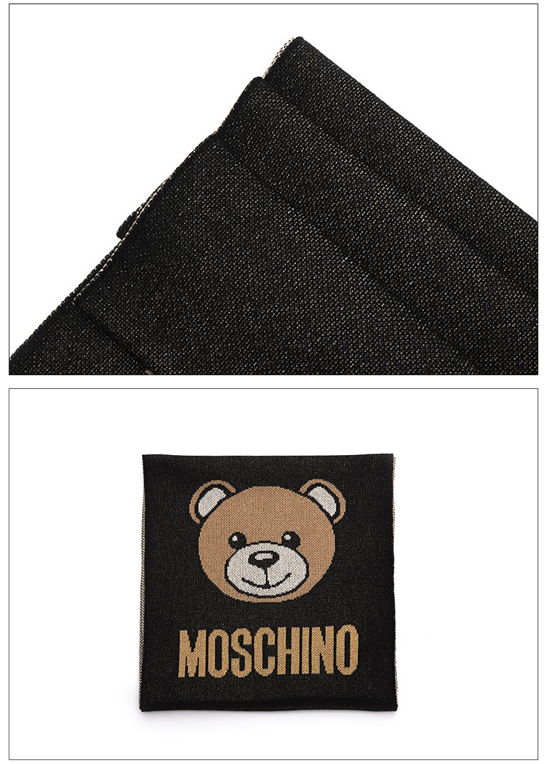 商品Moschino|莫斯奇诺 女士 黑色拼燕麦色 金银丝线小熊头像款围巾30666M2345 016（香港仓发货）,价格¥537,第3张图片详细描述