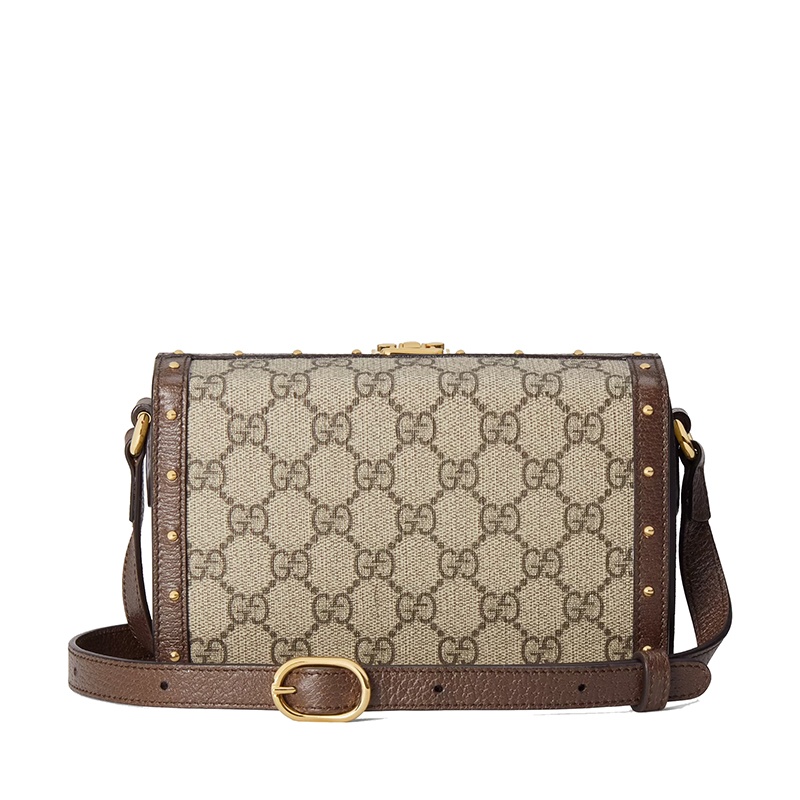 商品Gucci|预售1-2周 GUCCI/古驰 男女同款经典米色双G老花帆布棕色皮革滚边方形翻盖斜挎单肩手机包,价格¥10683,第6张图片详细描述