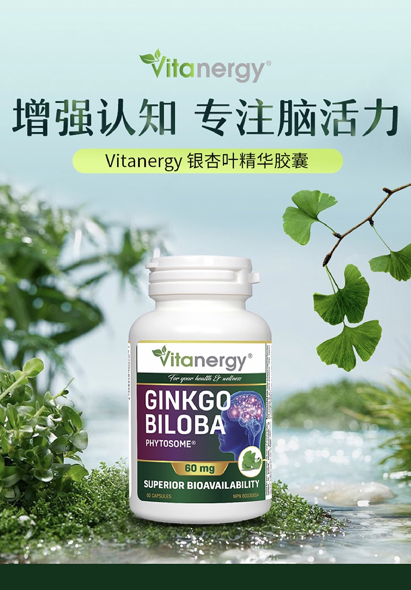 商品[国内直发] Vitanergy|【2026年6月到期】加拿大Vitanergy维生能银杏叶精华银杏补脑 提高记忆力 提高认知能力 改善老年痴呆60粒 | Ginkgo Extract,价格¥199,第1张图片详细描述