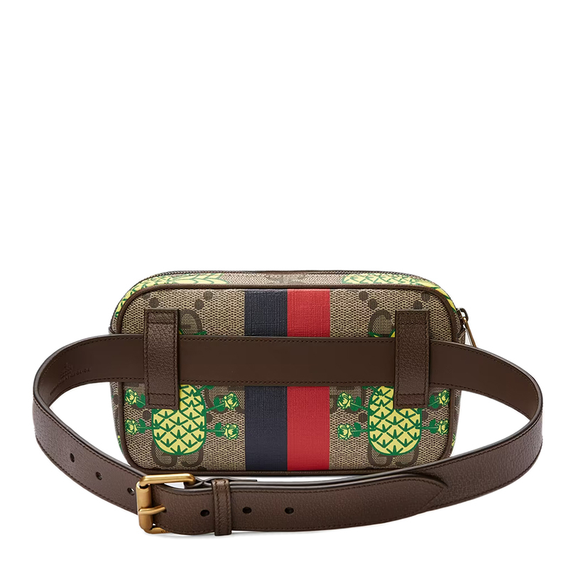 商品Gucci|GUCCI/古驰 22春夏新款Pineapple系列 男士米色/乌木色老花帆布棕色皮革滚边绿色菠萝元素印花皮扣徽标拉链开合腰包602695URRAT8569,价格¥7973,第4张图片详细描述