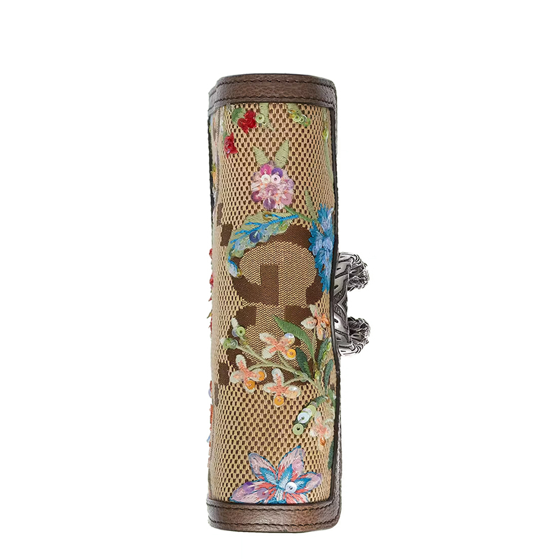 商品Gucci|【包税】GUCCI/古驰 22新款Dionysus系列 女士超迷你棕色帆布配皮饰有带亮片的花朵刺绣银扣银链单肩斜跨链条酒神包476432UKMMN2562,价格¥10584,第4张图片详细描述