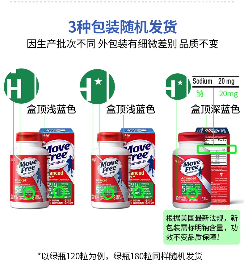 商品Move Free|SCHIFF MOVEFREE氨糖维骨力氨基葡萄糖MSM 绿盒 120粒,价格¥260,第2张图片详细描述