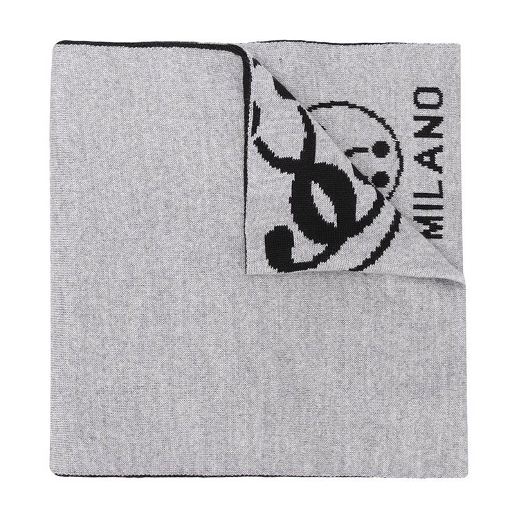 商品Moschino|MOSCHINO 莫斯奇诺 黑色羊毛混纺徽标图案男女同款围巾 送男友女友礼物 深灰色 50055 M5145 15,价格¥714,第5张图片详细描述