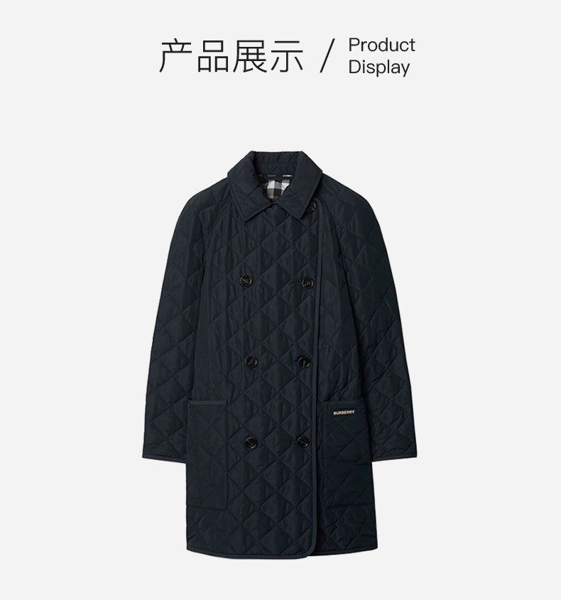 商品Burberry|BURBERRY博柏利 女士海军黑聚酯制Logo标贴翻领双排扣棉服,价格¥3160,第4张图片详细描述